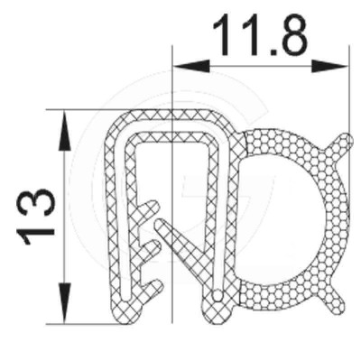 Klemprofiel | NBR | mosrubber kraal zijkant | zwart | 13 x 11,8 mm | per meter